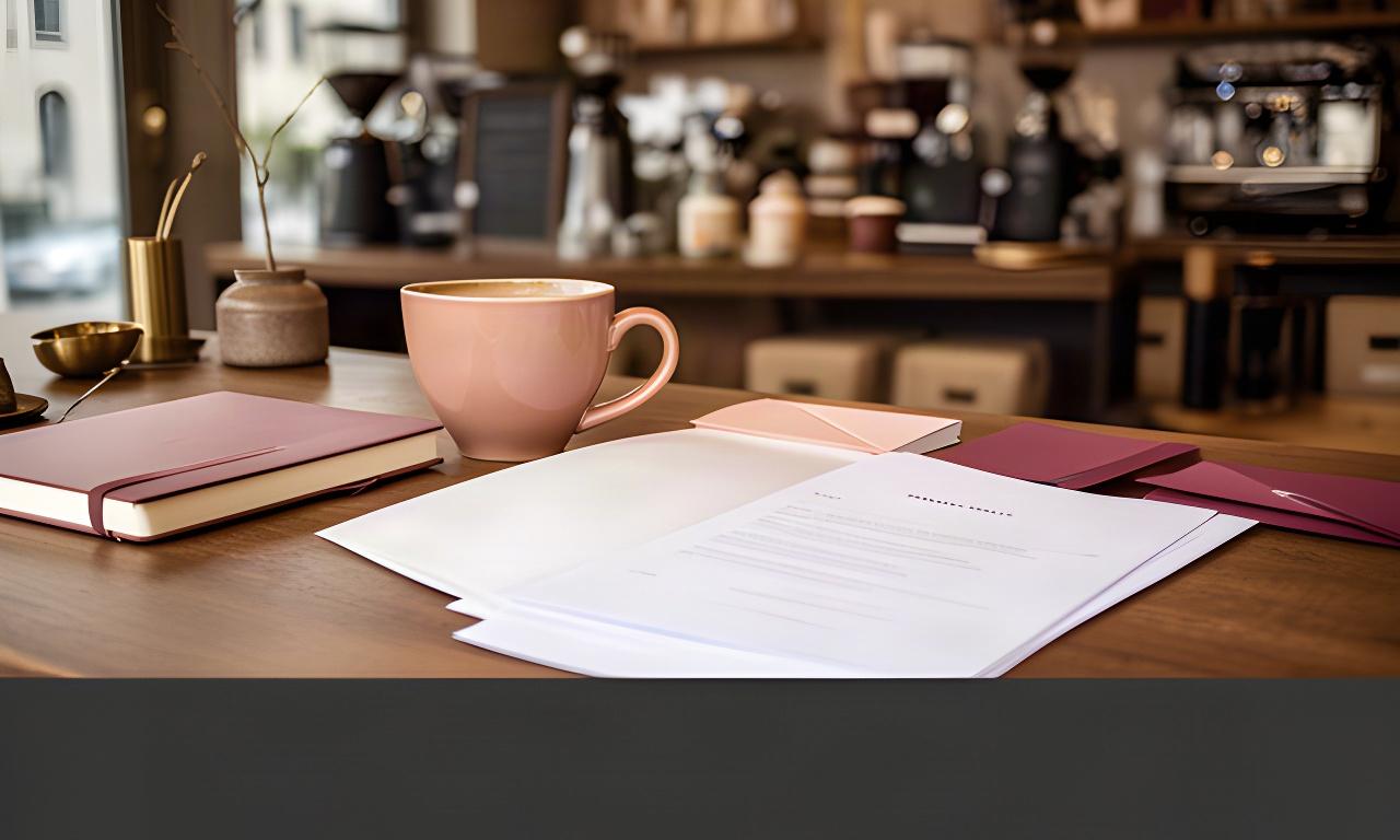 Schreibtisch mit Kaffeetasse, Notizbuch und geöffneter Datenschutzerklärung in einem Zürcher Fachgeschäft