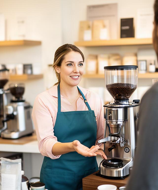 Lena Moser berät Kundschaft zu einer Kaffeemühle im Verkaufsraum