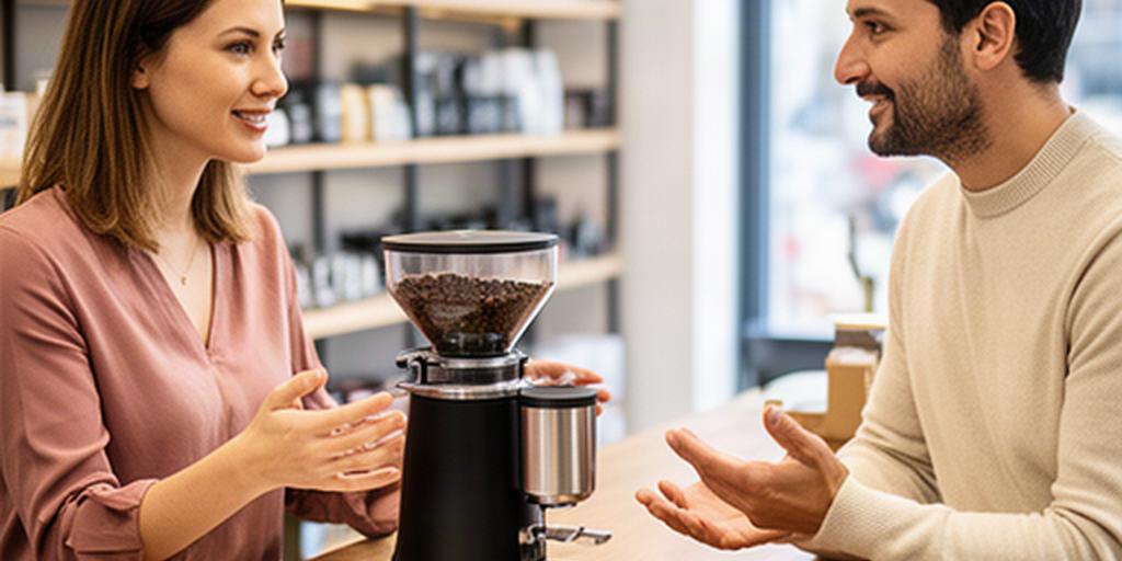 Beratung zu Kaffeemühlen und Kundendaten an einer Verkaufstheke mit Holzoberfläche