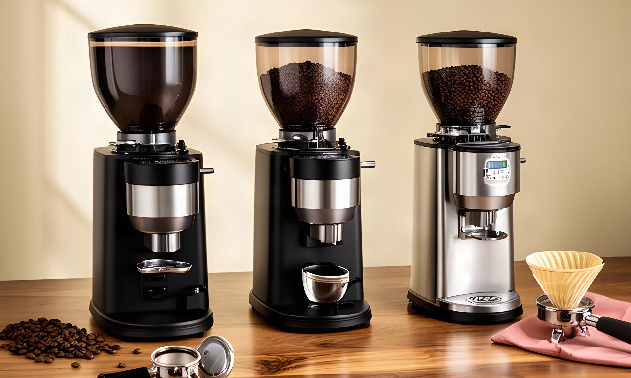 Drei hochwertige Kaffeemühlen für Espresso und Filterkaffee nebeneinander auf einer Holztheke