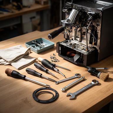 Feine Reparaturwerkzeuge neben einer geöffneten Espressomaschine
