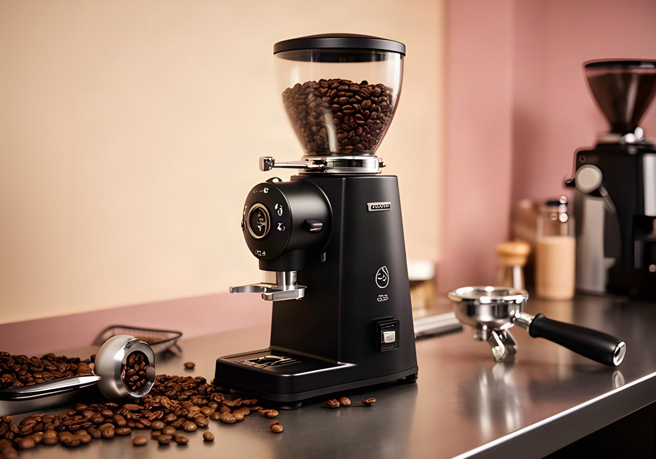 Schwarze Espressomühle mit Bohnenbehälter auf einer Barista-Arbeitsfläche in Zürich