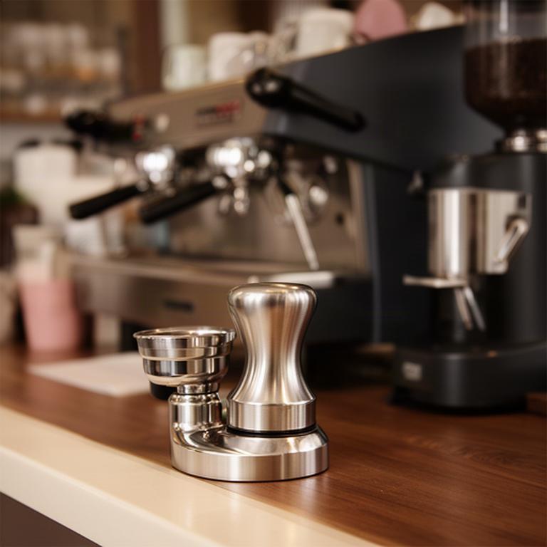 Barista-Tamper aus Edelstahl neben einer Espressomaschine auf einer Verkaufstheke