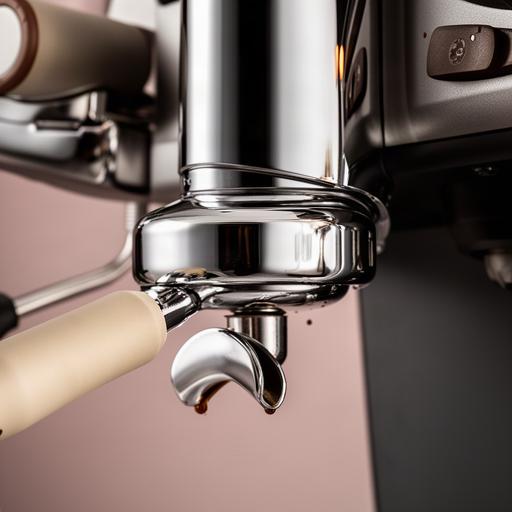 Detailansicht einer Siebträgermaschine mit glänzendem Brühkopf