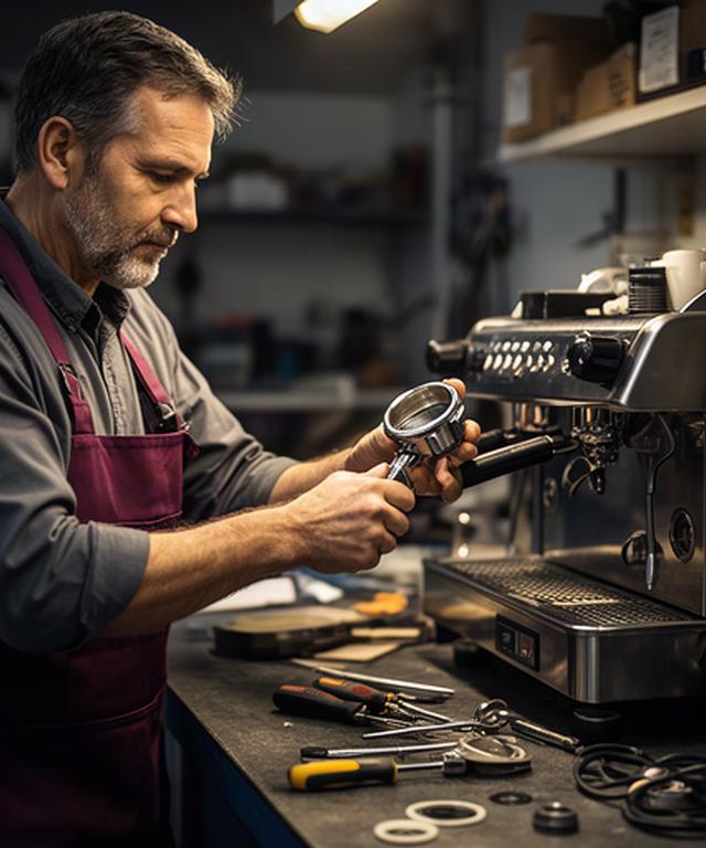 Jürg Berger prüft eine Espressomaschine an einer Werkbank in Zürich