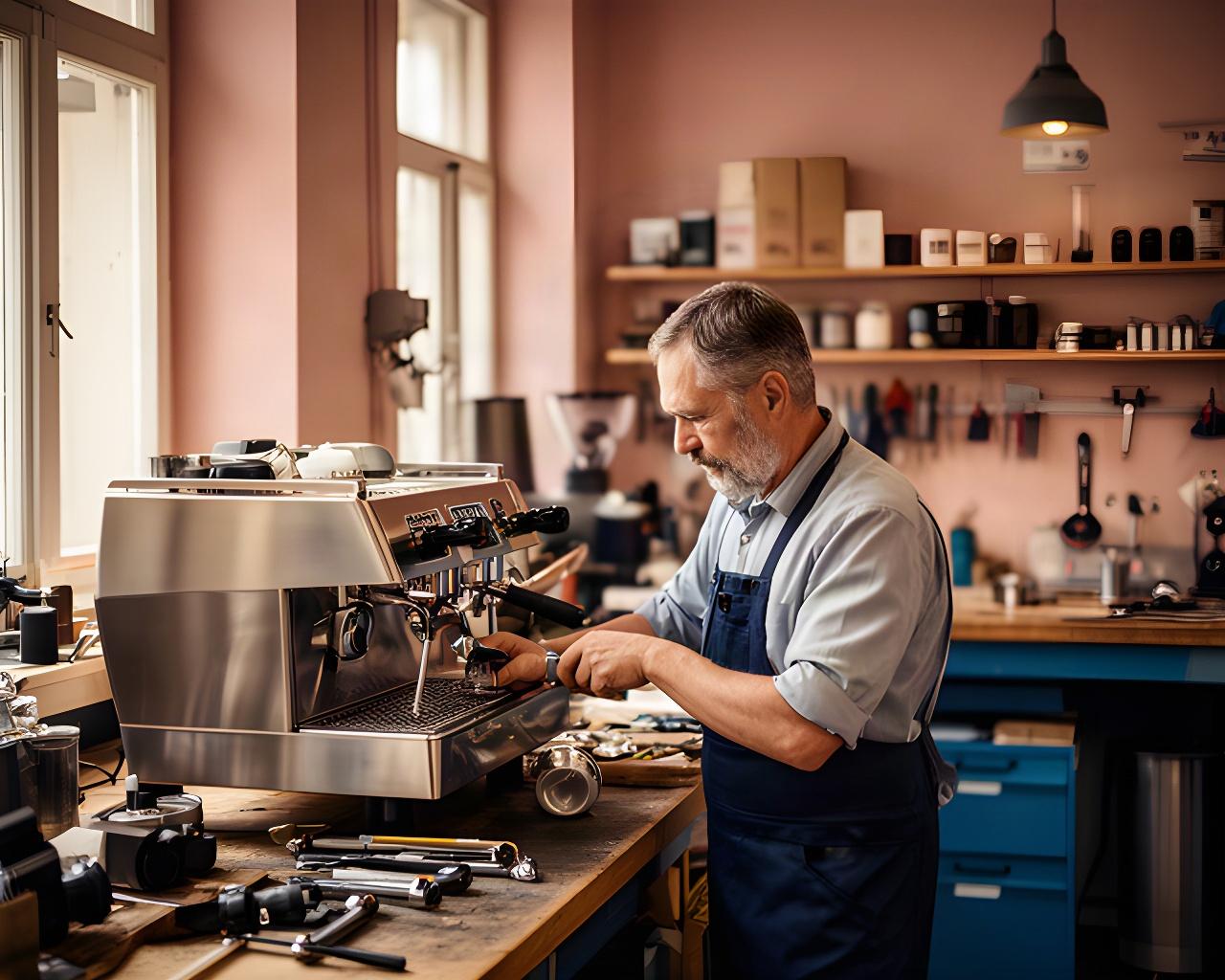 Jürg Berger arbeitet an einer Kaffeemaschine in der Zürcher Werkstatt von Jürg's Zubehör