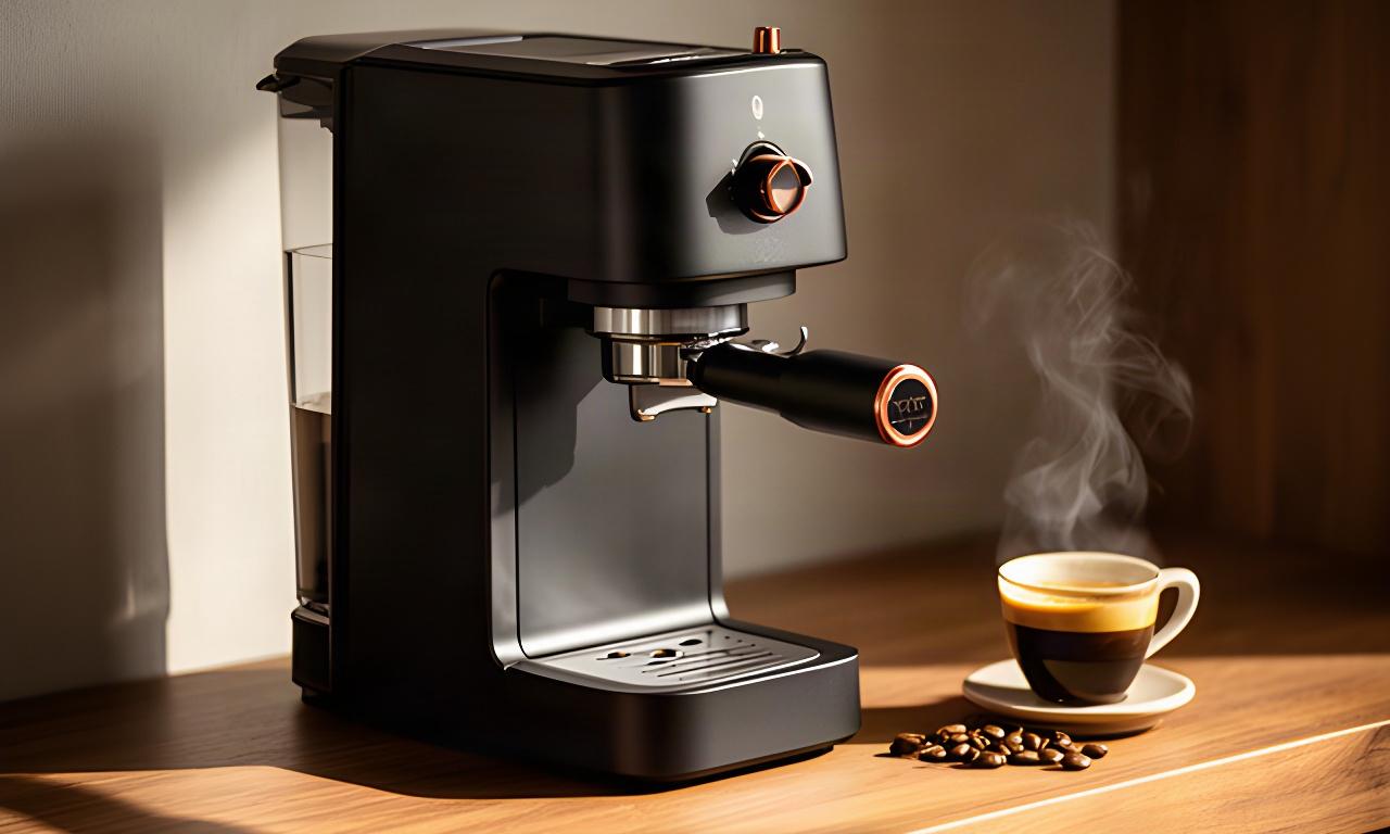 Kompakte schwarze Siebträgermaschine Zurich Espresso neben einer Tasse auf einer Holzablage