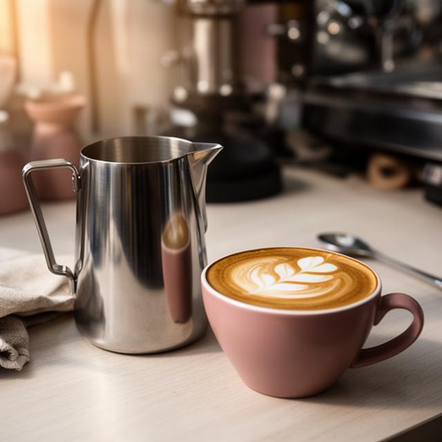 Edelstahl-Milchkanne und Tasse mit Latte Art auf einer Barista-Station