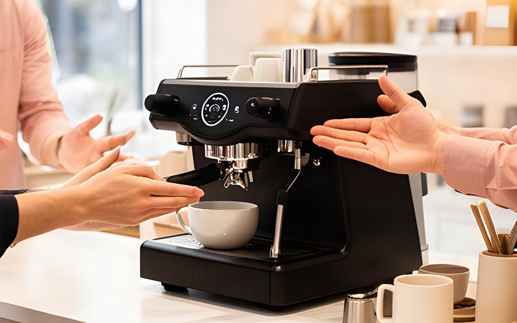 Beratung zu einer schwarzen Kaffeemaschine an einer hellen Verkaufstheke mit Zubehör