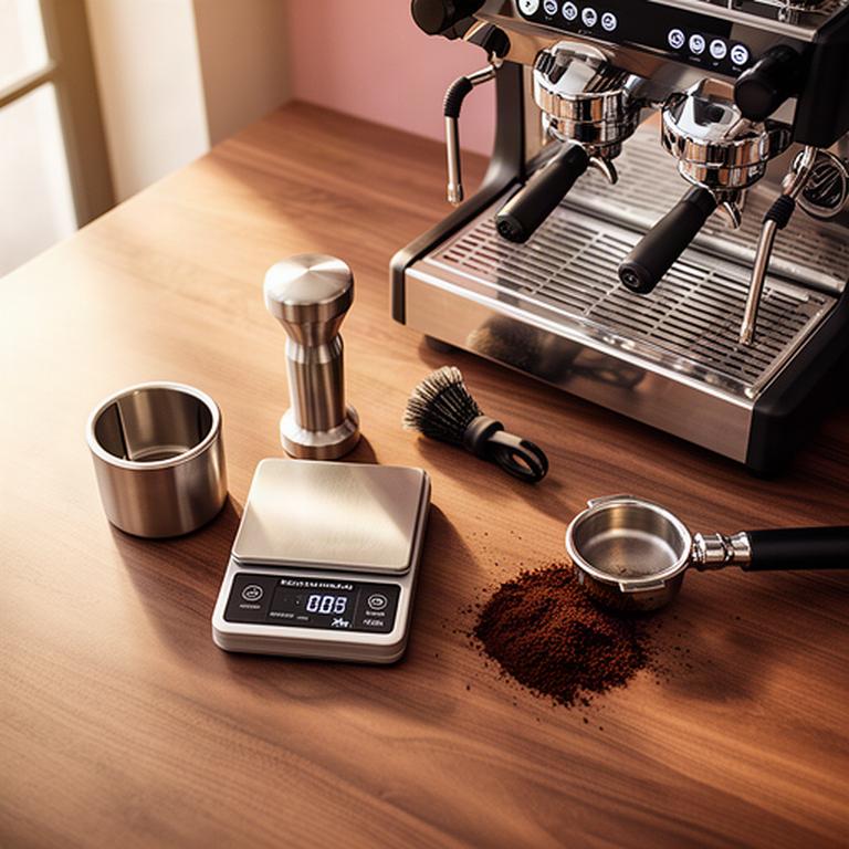 Barista-Arbeitsfläche mit Tamper, Waage, Pinsel und Abklopfbox neben einer Espressomaschine