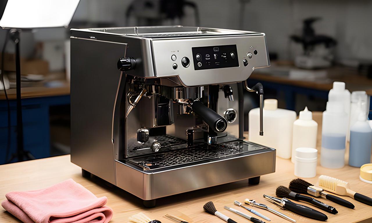 Geöffnete Espressomaschine mit Reinigungstuch und Pflegezubehör auf einer Werkbank