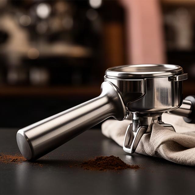 Barista-Tamper aus Metall neben einem Siebträger auf einer Kaffeebar