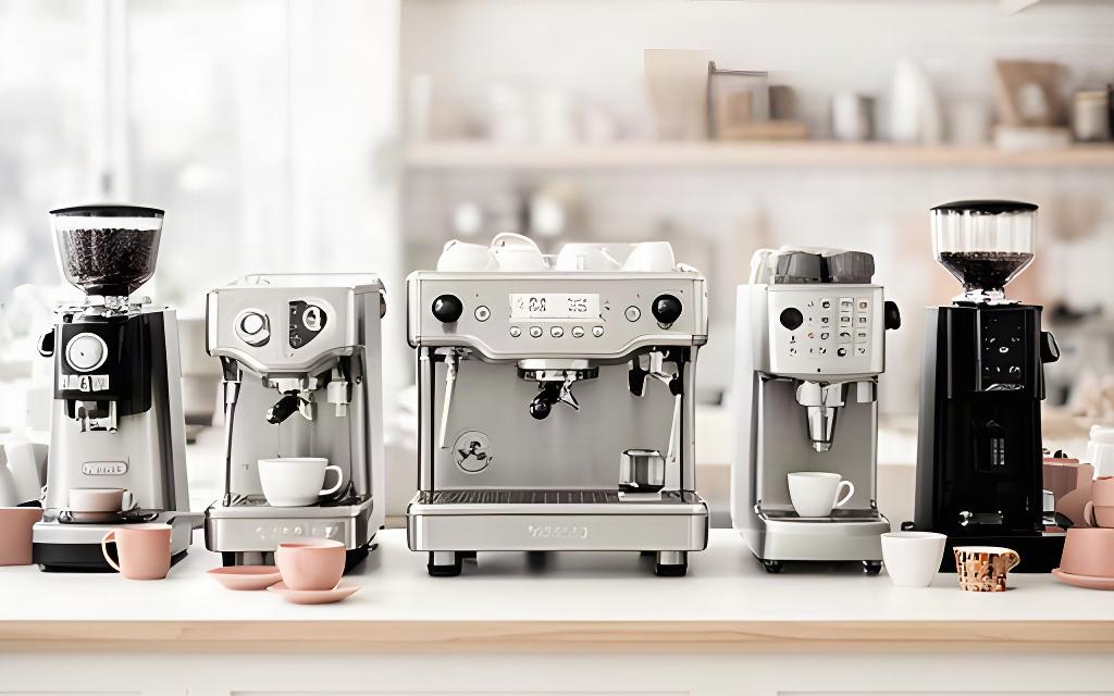 Reihe hochwertiger Kaffeemaschinen auf einer hellen Verkaufstheke