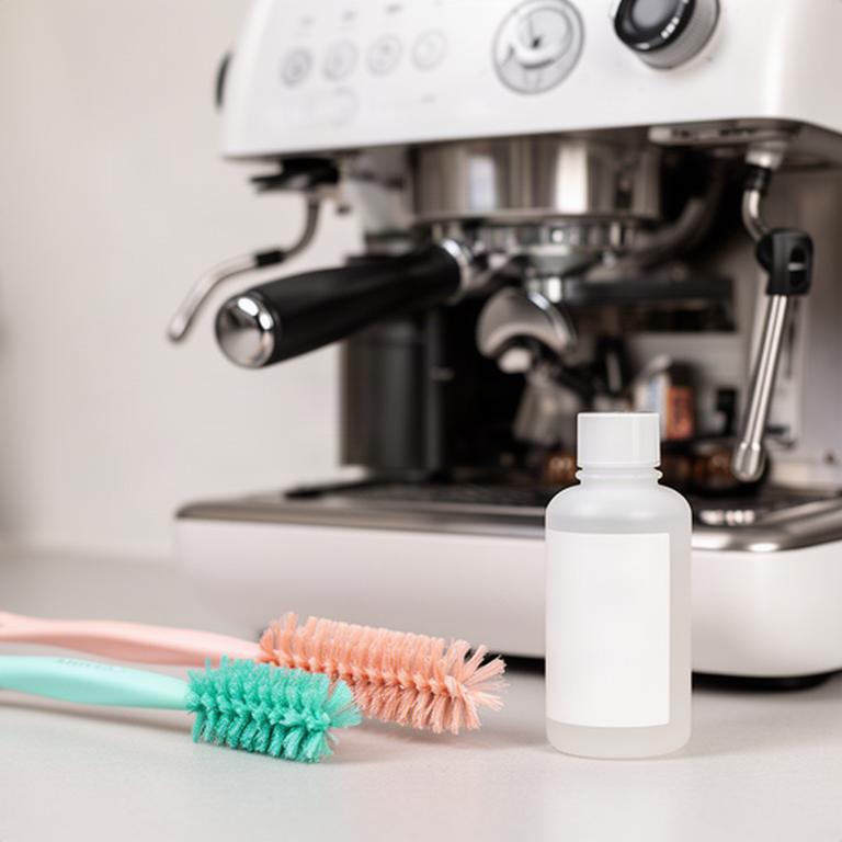 Reinigungsbürsten und Entkalker neben einer geöffneten Kaffeemaschine