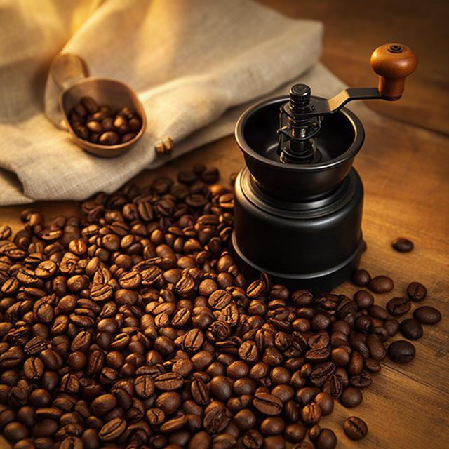Frisch geröstete Kaffeebohnen neben einer Handmühle
