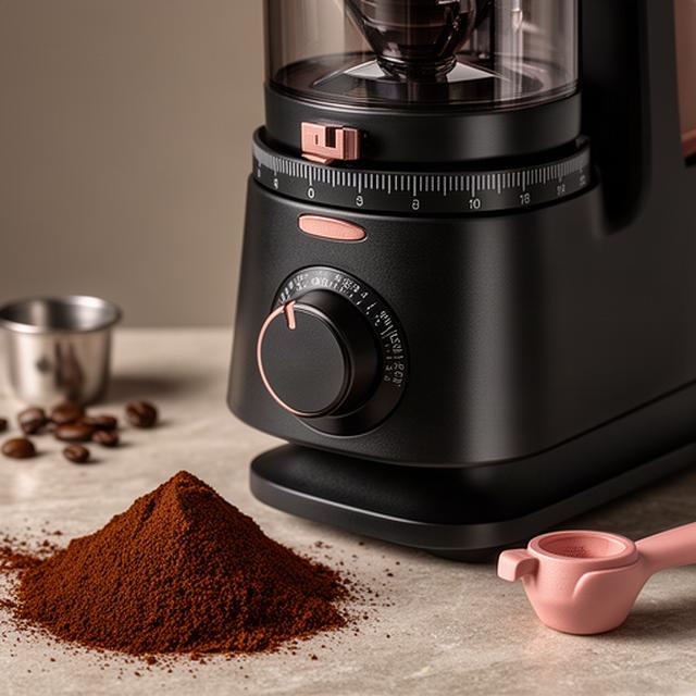 Schwarze Espressomühle mit Einstellring und frisch gemahlenem Kaffee