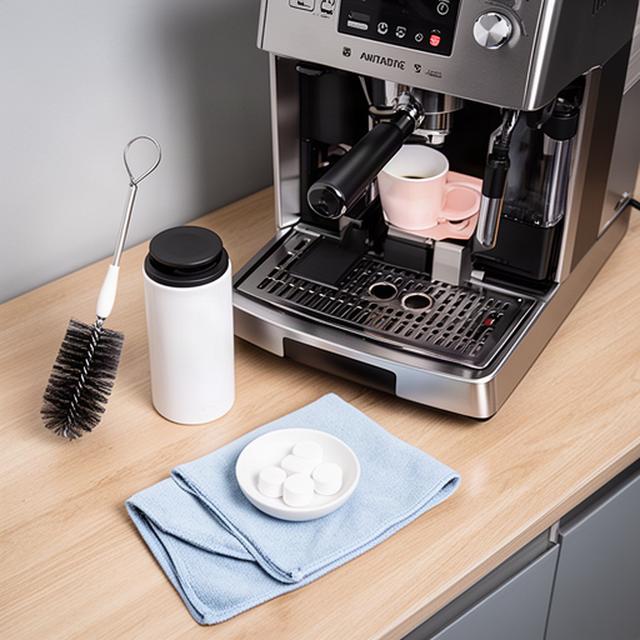 Reinigungsbürste und Reinigungstabletten neben einer geöffneten Kaffeemaschine