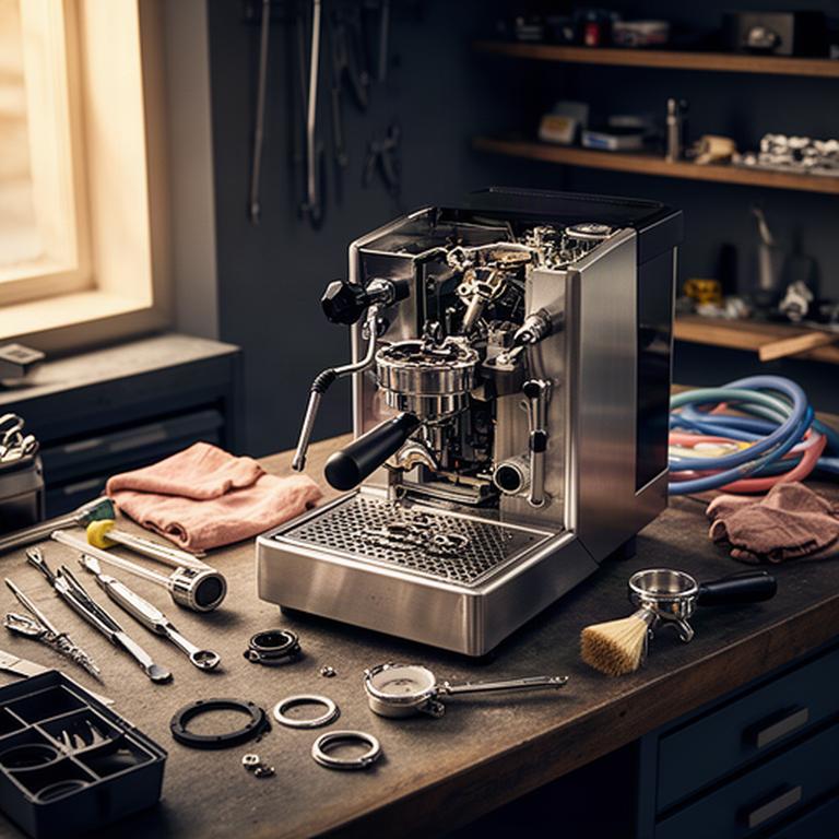 Offene Reparaturwerkstatt mit Werkzeugen, Dichtungen und einer Siebträgermaschine