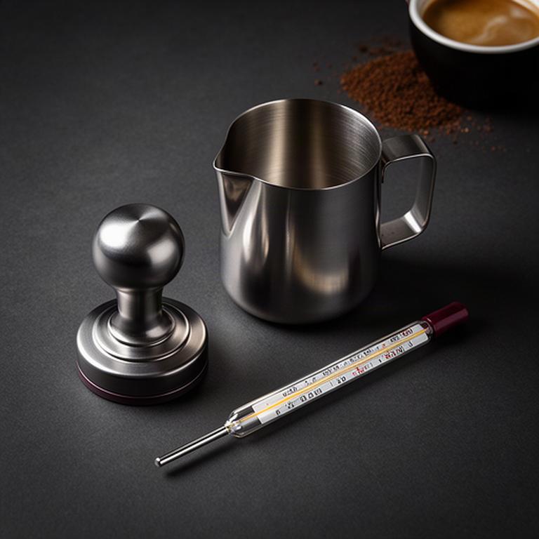 Barista-Set mit Tamper, Milchkännchen und Thermometer auf einer dunklen Arbeitsfläche